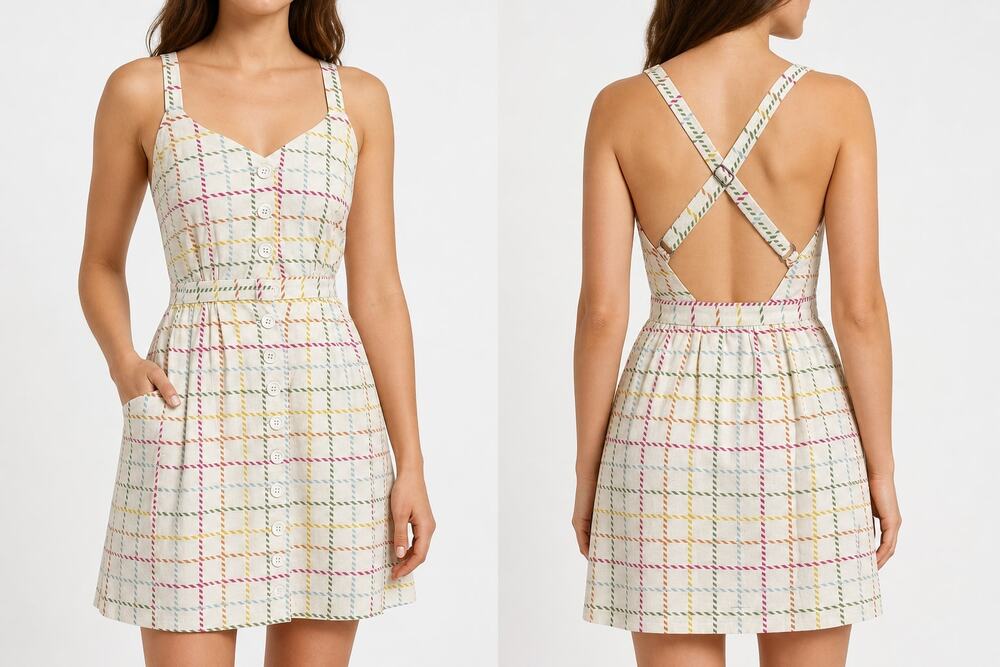 ModCloth Women's Multicolor Plaid Linen Blend Button Front Cross Back Dress 0